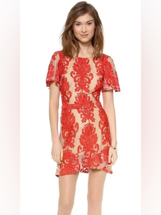 For Love And Lemons Dresses & Skirts - For Love & Lemons San Marcos Mini Dress Red Embroidered Nude Illusion Size Small